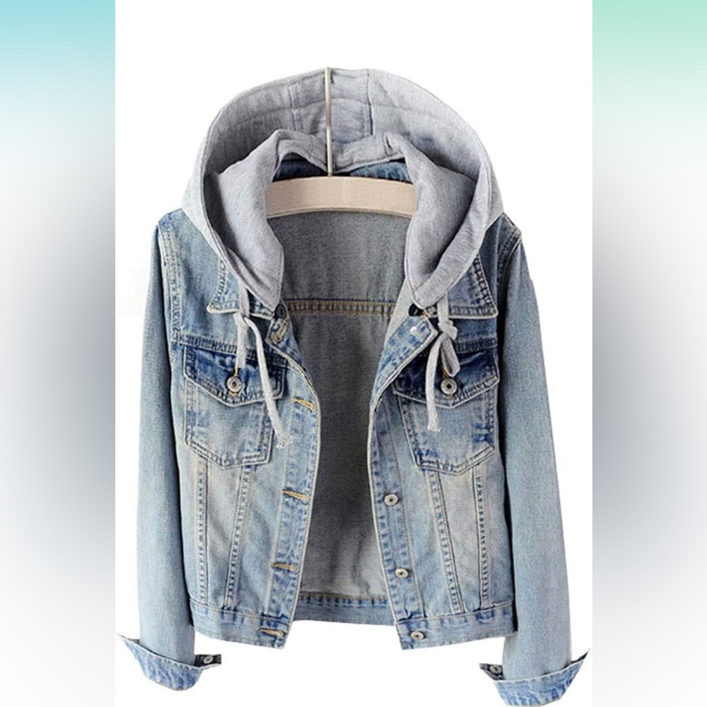 Womens Jean jacket with detachable grey hood